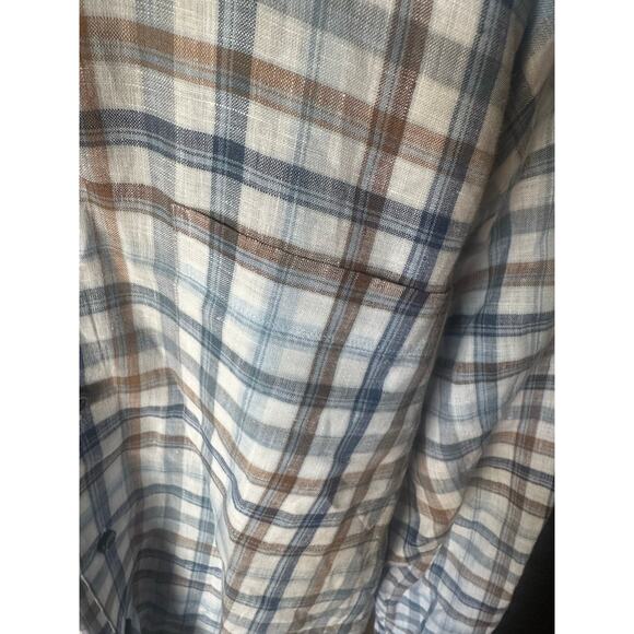 Robert Talbott 100% Linen Plaid Button Up Shirt Blue Brown Long Sleeve Size M - Picture 9 of 10
